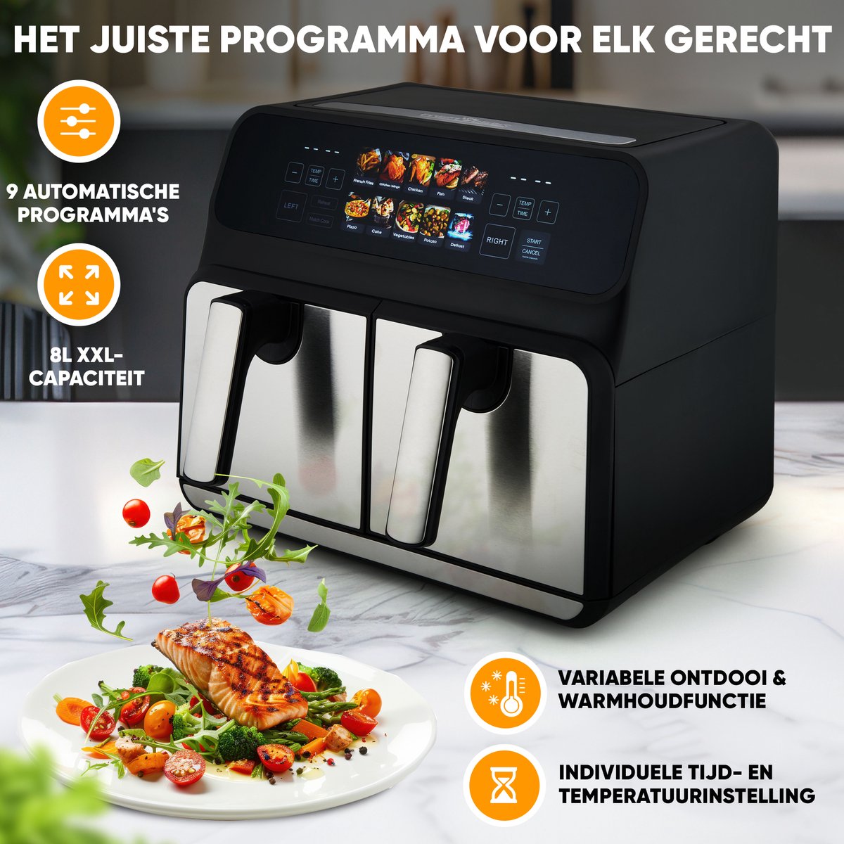 Afbeelding 2 van ProfiCook FR 1287 H - Dubbele Heteluchtfriteuse - 2 x 4 Liter - Met kleurendisplay - Touchscreen - 9 Programma's - 2 onafhankelijke kookzones