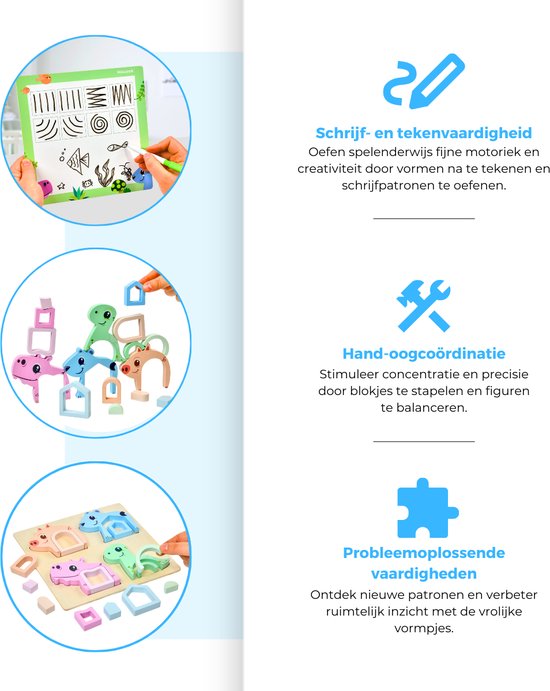 Illustraties van het stapelen, sorteren, tekenen en bouwen met de Mauzek® houten vormenpuzzel.