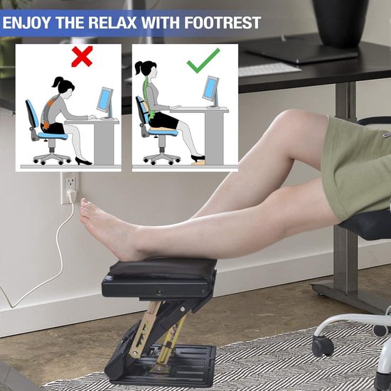 HEETA Voetsteun, in hoogte verstelbaar onder het bureau, ergonomische voetensteun met massagefunctie voor kantoor en thuis, eenvoudig te monteren, drukontlasting, 2 stuks