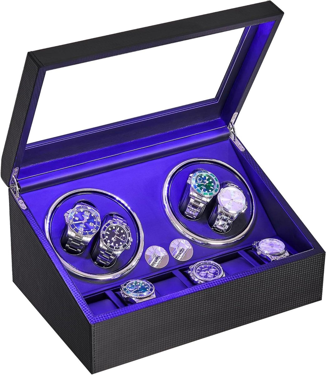 Horloge Winder voor automatische horloges 4+6 compartimenten 4 rotatiemodi super stil luxe design koolstofvezel zwart