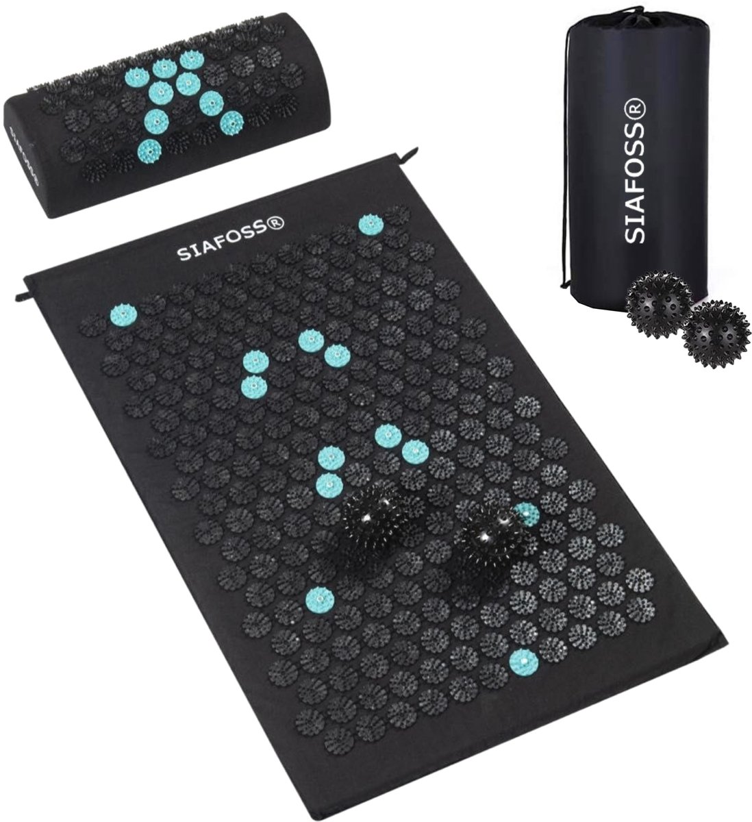 Goedkoopste SiaFoss Spijkermat met Kussen en Triggerpointballen - 70x42x2 cm - Acupressuur Mat met Draagtas - Acupunctuur Spijkerbed - Shakti Massage - Massage mat