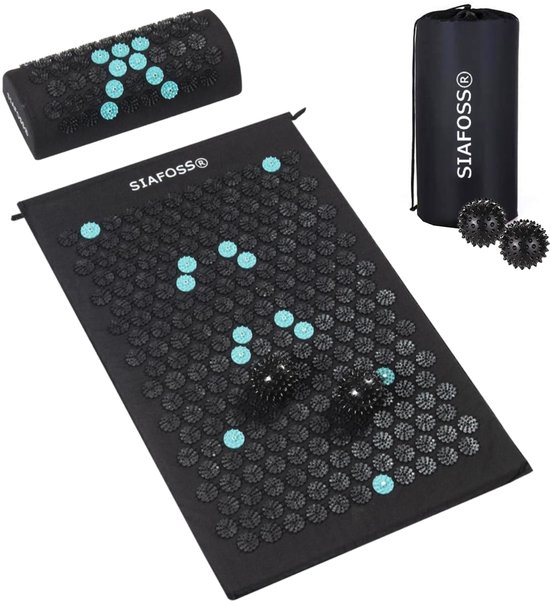 SiaFoss Spijkermat met Kussen en Triggerpointballen - 70x42x2 cm - Acupressuur Mat met Draagtas - Acupunctuur Spijkerbed - Shakti Massage - Massage mat