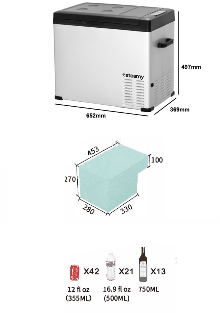 Steamy-E Single Zone Elektrische Compressor Koelbox - Single Zone - 44 liter - 12V en 230V - voor auto en camping - Zilver – foto 7