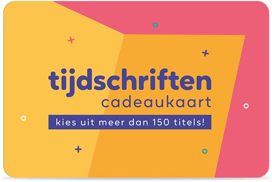 Cadeaukaart met 'tijdschriften cadeaubond' en 'kies uit meer dan 150 titels!' op een geel vlak met roze rand.