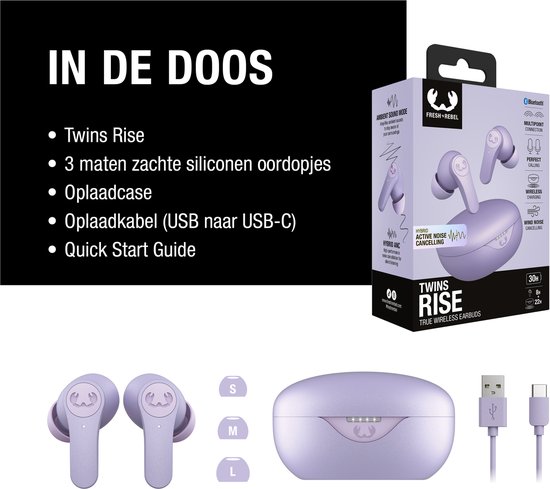 Fresh 'n Rebel Twins Rise - Écouteurs sans fil - Réduction du bruit - Recharge sans fil - Lilas rêveur
