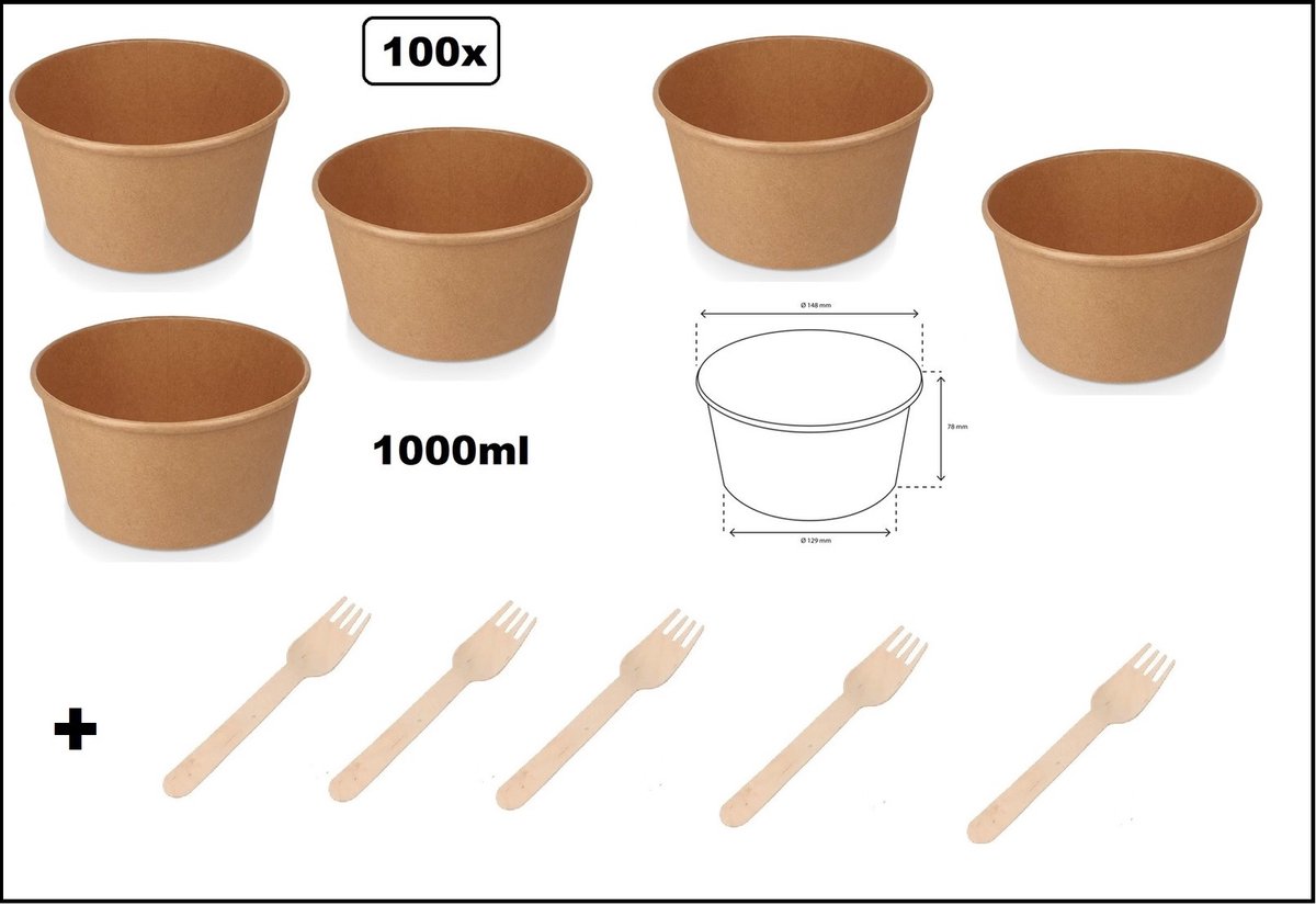 100x Salade/pasta poke bowl kraft 1000ml + 100x houten vork - Food pasta salade saus pokebowl diner festival thema feest evenement party