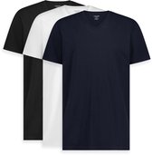 Drie LebasQ V-hals T-shirts: zwart, wit en marineblauw.