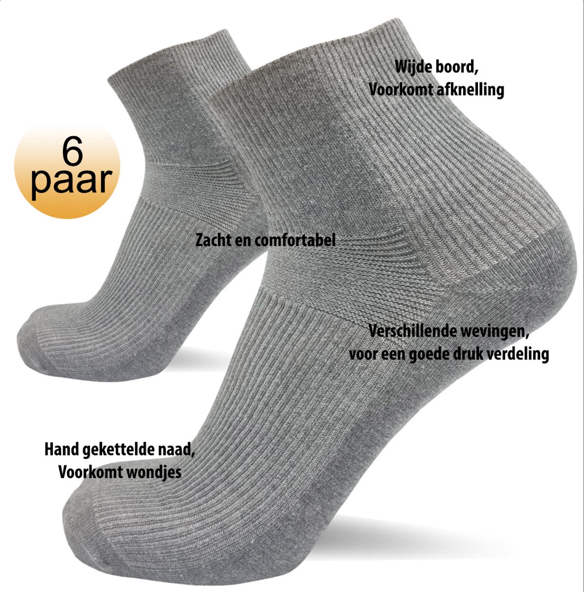 Nakkie's - Korte medische sokken - 6 paar - Grijs - Maat 47/50 - wijde boord - Diabetes sokken - Quarter sokken - Lage sokken - Korte sokken