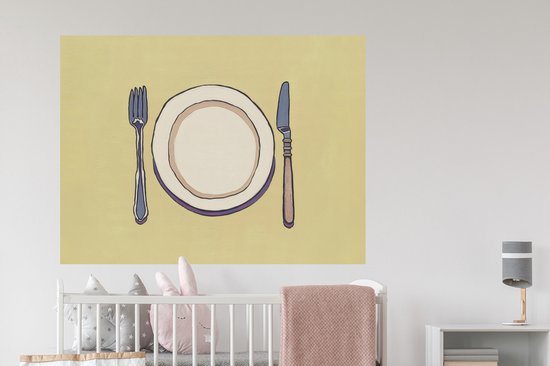 Muurstickers - Sticker Folie - Illustratie - Bord - Bestek - Beige - 120x90 cm - Plakfolie - Muurstickers Kinderkamer - Zelfklevend Behang - Zelfklevend behangpapier - Stickerfolie