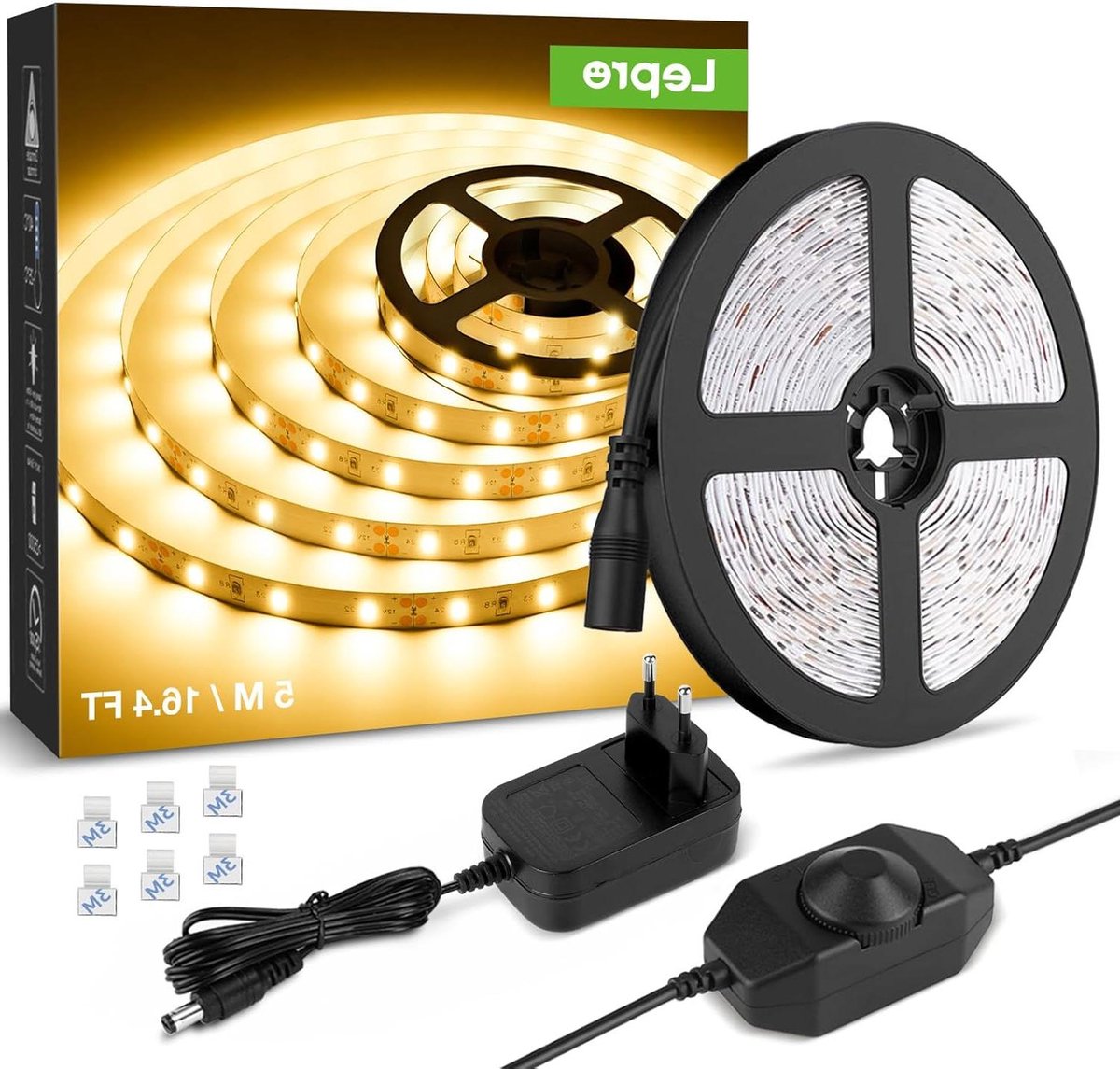 5M Warm White LED Strip Set - Dimmable 12V Self Adhesive Flexible LED Light Strip IP20 - Including Power Supply and Controller