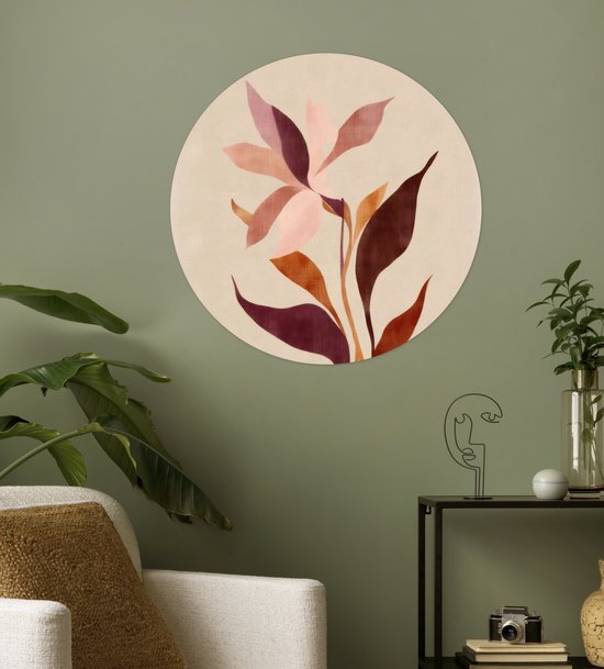 WallCircle® - Papier peint cercle 80x80 cm - Stickers muraux Fleurs - Feuilles - Minimaliste - Rose - Cercle mural salon - Cercle mural chambre - Décoration de chambre autocollante - Accessoires de Décoration murale