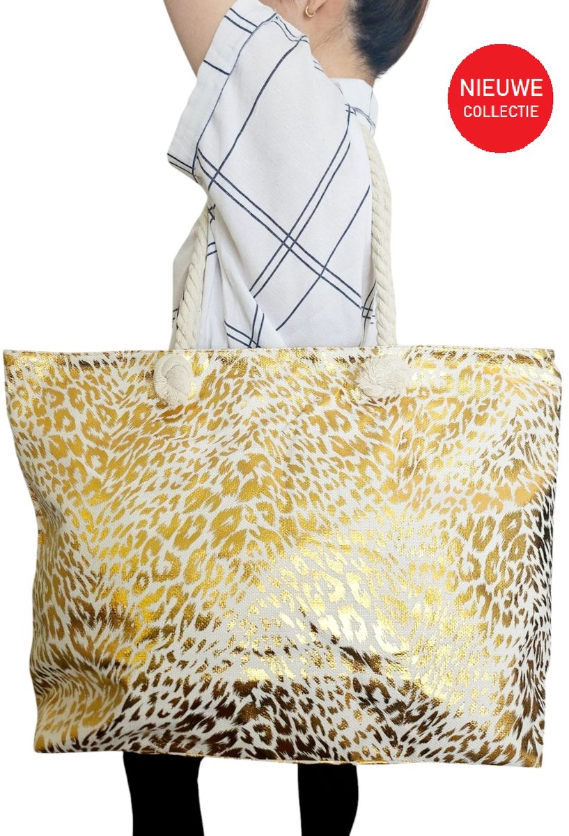 Big shoppertas goud kleurig - Grote Strandtas met ritsaansluiting zomer| Weekendtas XXL 60X40X16 CM| Vakantie| Kamperen| Moederdag cadeau