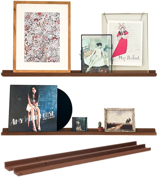 Walnoot wandplanken set 2 stuks - 99 cm - Wandplank zwevend (2x) - Wandplank hout - Fotoplank - Donker hout - Met opzetrand - FSC Europees hout - Handgemaakt in Nederland