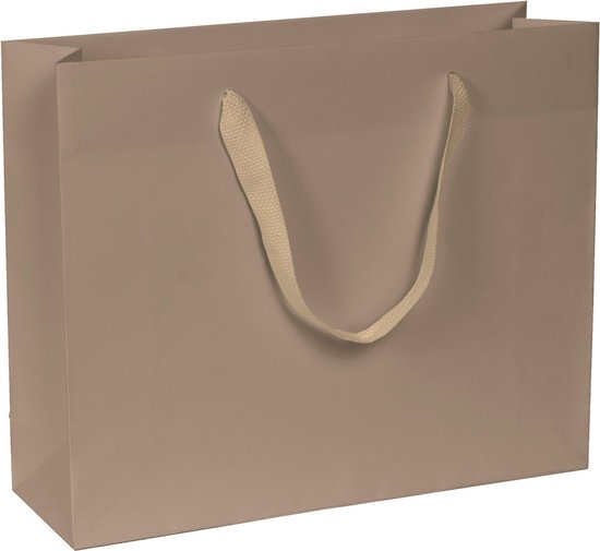 Lichtbruine papieren draagtas met taupe lintjes.