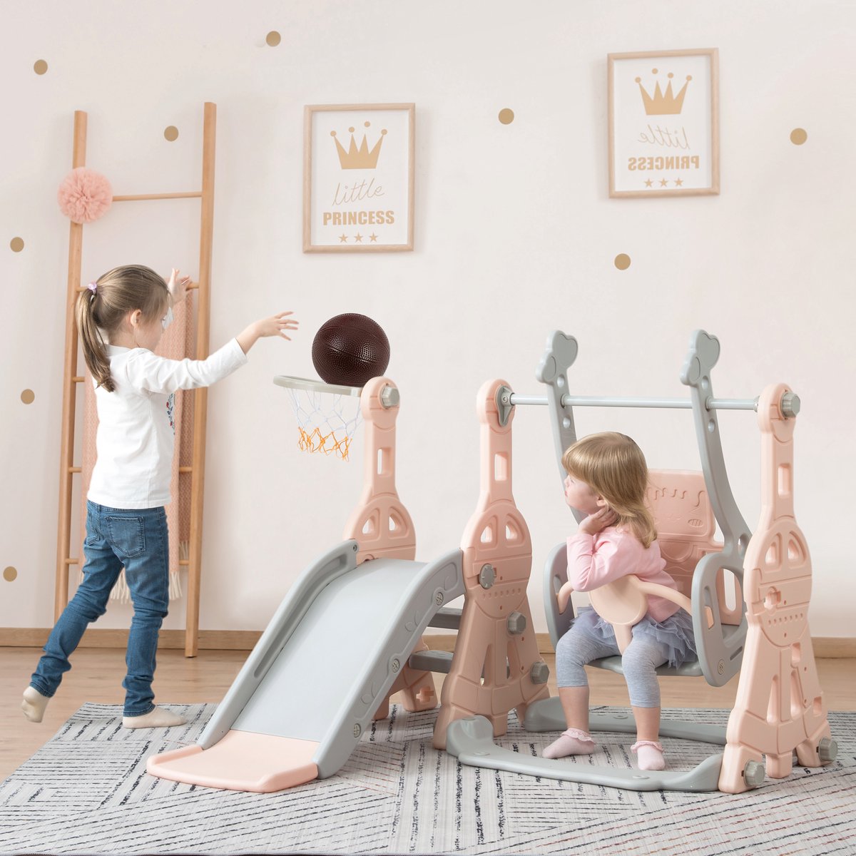4-in-1 kinderglijbaan met schommel en basketbalmand, ladder met leuningen, glijbaan voor binnen en buiten, kinderen, antislip treden, vanaf 2 jaar (roze