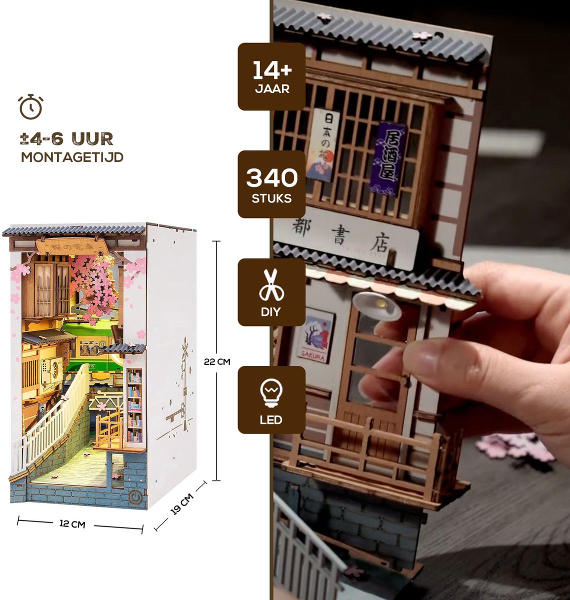Robotime Book Nook Shelf Insert - Miniatuurhuisje Tokyo Trein met Ledverlichting - 340 stukjes - 3d Houten Puzzel - 18.5 x 10 x 24.2 cm - Boekenhouder - Bouwpakket voor Volwassenen en Kinderen - DIY - Sakura Densya — afbeelding 5