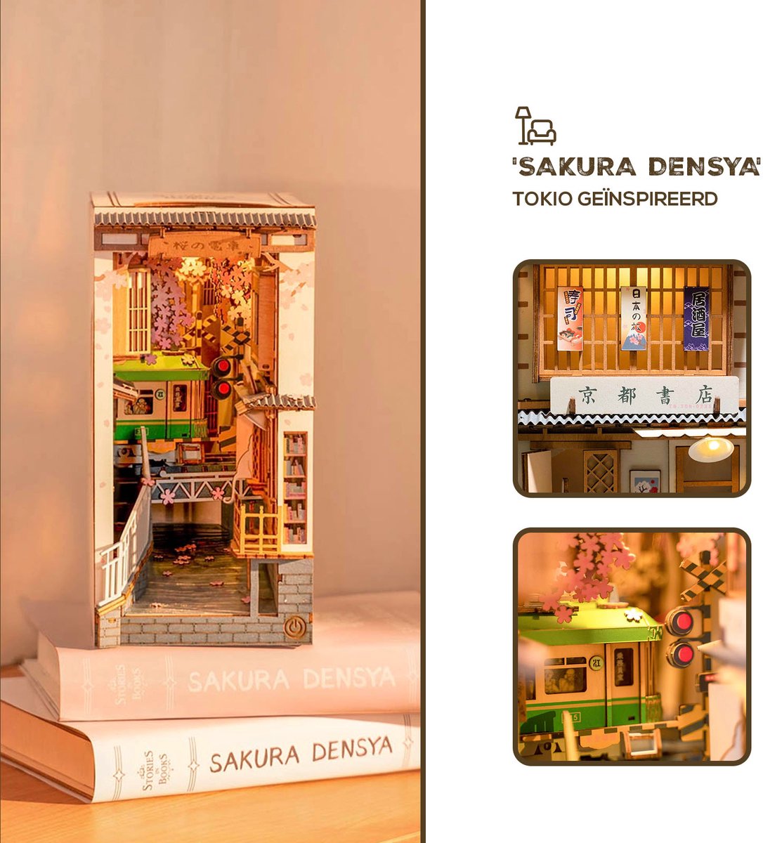 Robotime Book Nook Shelf Insert - Miniatuurhuisje Tokyo Trein met Ledverlichting - 340 stukjes - 3d Houten Puzzel - 18.5 x 10 x 24.2 cm - Boekenhouder - Bouwpakket voor Volwassenen en Kinderen - DIY - Sakura Densya — afbeelding 2