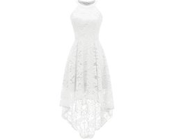 Dames Halter Kantjurk – Maat XS - Hi-Lo Cocktailjurk Met Bloemenkant – Mouwloze Jurk Voor Feest Bruiloft Avond Uit – Halterjurk Met Open Schouders En Rugrits – Elegante Jurk Voor Bridesmaid Gala Diner Valentijn Speciale Gelegenheden