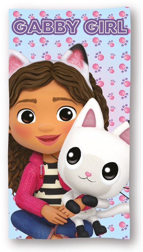 Gabby Girl met witte kat met zwarte oren en poten, op blauwe achtergrond met pootafdrukken.