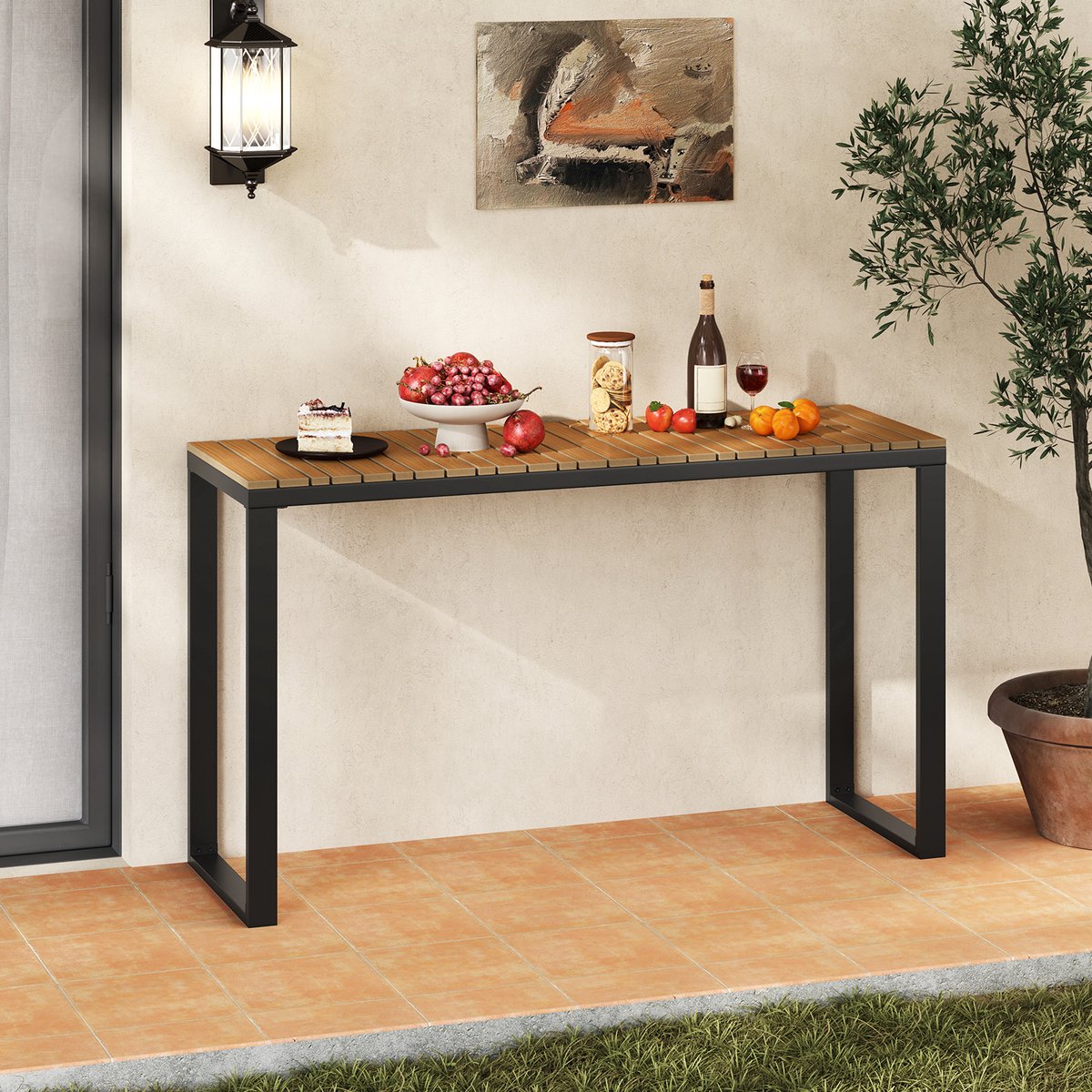 COSTWAY Tuintafel, weerbestendig, 129 x 42 cm, terrastafel met WPC-tafelblad en metalen frame, rechthoekige balkontafel, outdoor-eettafel voor balkon, terras, tuin thumbnail 4