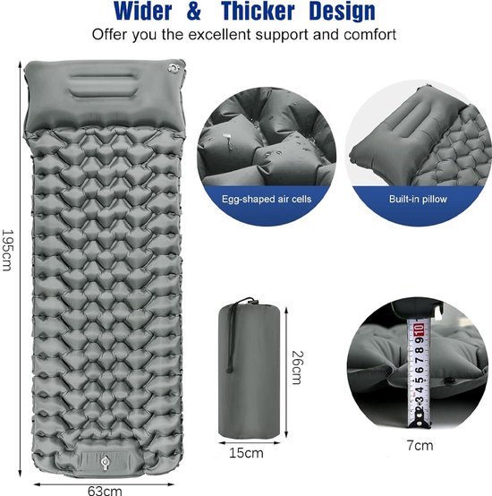 Slaapmat - Zelfopblazend - met Ingebouwde Voetpomp & Hoofdkussen - Camping Matras - Slaapmatje 1 Persoons - Slaapmatten - Luchtbed - 195 x 63 x 7 cm - Stabiliteit en Gewichtsverdeling - Lichtgewicht - Grijs - Inclusief Opbergtas van Merkloos — afbeelding 5
