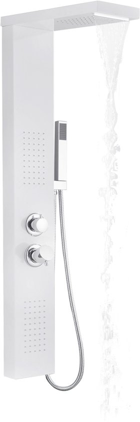 Wit douchepaneel met regen- en handdouche, massagestralen en chroomkleurige knoppen, op witte achtergrond.
