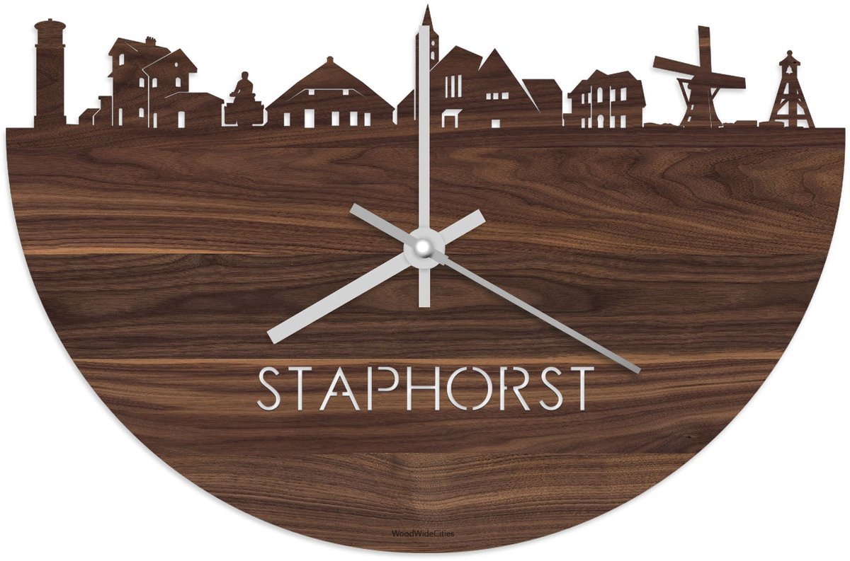 Skyline Klok Staphorst Notenhout - Ø 40 cm - Stil uurwerk - Wanddecoratie - Meer steden beschikbaar - Woonkamer idee - Woondecoratie - City Art - Steden kunst - Cadeau voor hem - Cadeau voor haar - Jubileum - Trouwerij - Housewarming - WoodWideCities