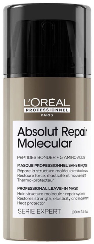 Fles L'Oréal Professionnel Absolut Repair Molecular leave-in mask. De fles is bruin met een witte label waarop de productdetails staan. Zwarte dop met pomp.