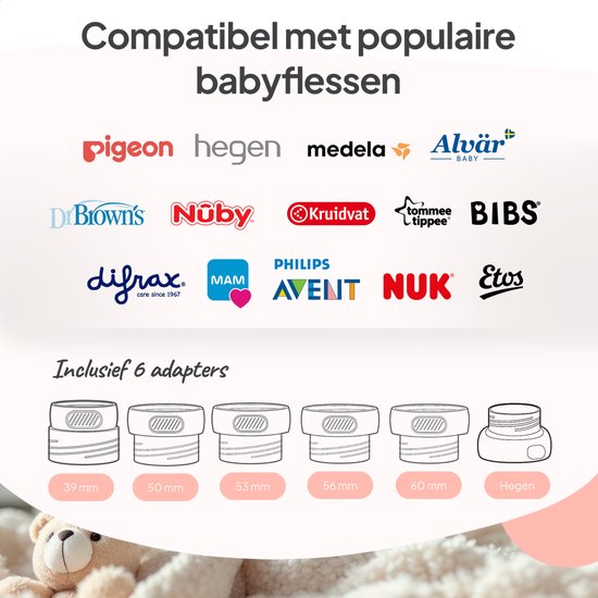 Logos de marques populaires de biberons comme Pigeon, Philips Avent, Medela. Six adaptateurs blancs avec des dimensions.