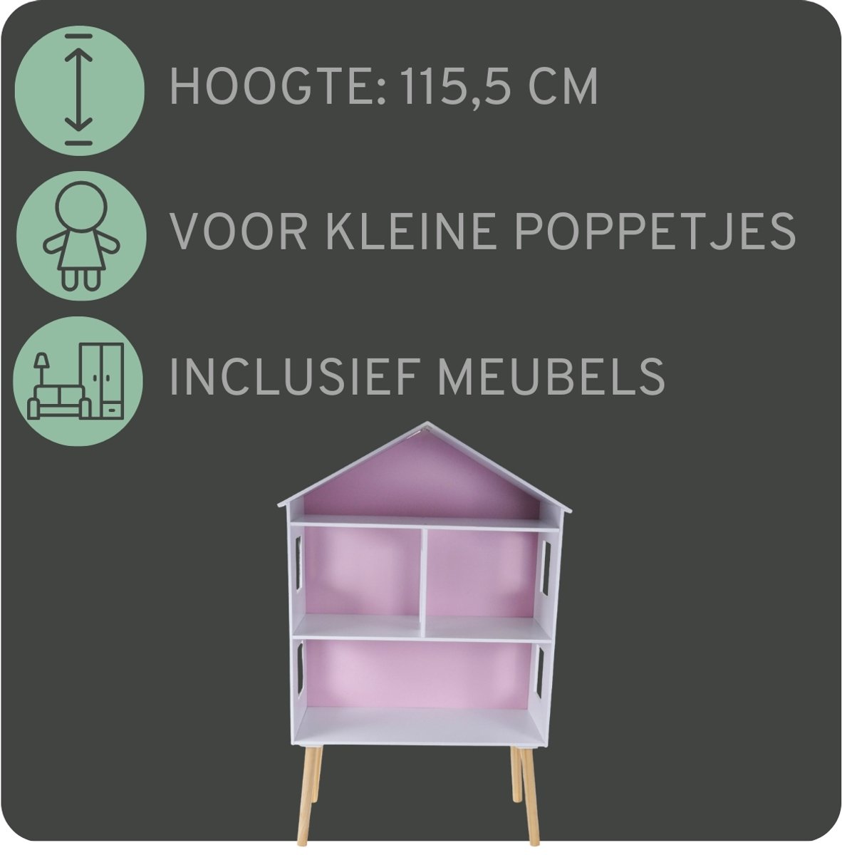Bandits & Angels Houten Poppenhuis Wit Roze Modern Villa vanaf 3 jaar 115,5 cm hoog - Inclusief 47 meubeltjes - Poppen Huis - Poppen Speelgoed — afbeelding 4