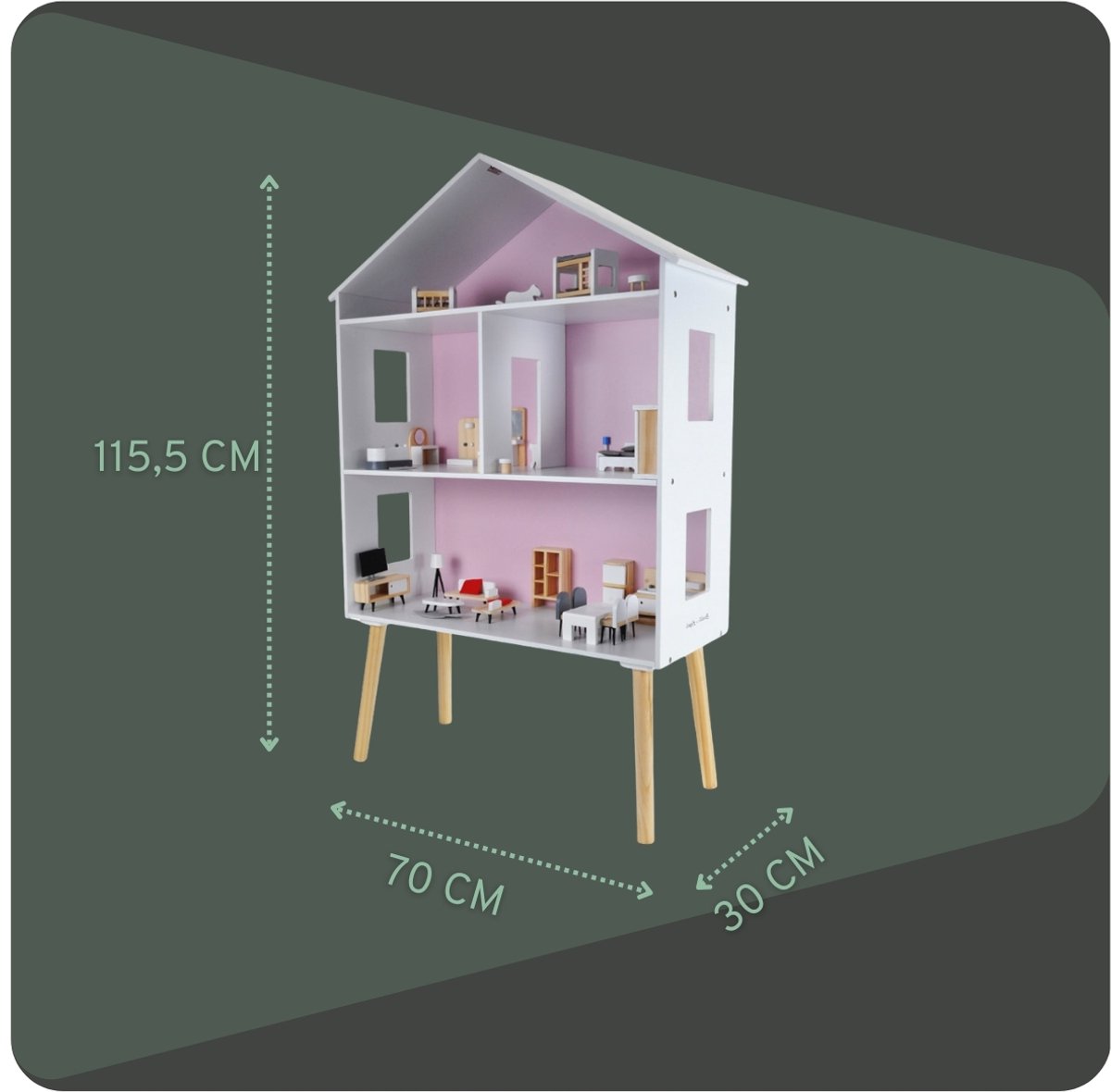 Bandits & Angels Houten Poppenhuis Wit Roze Modern Villa vanaf 3 jaar 115,5 cm hoog - Inclusief 47 meubeltjes - Poppen Huis - Poppen Speelgoed — afbeelding 5