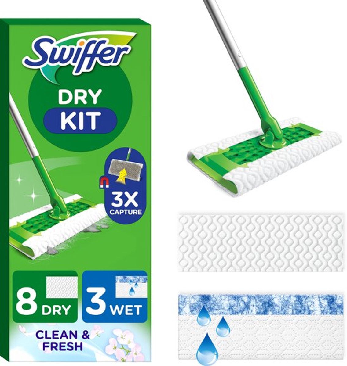 Goedkoopste Swiffer Vloerreiniger Starterskit - 1 Dweil - 8 Droge en 3 Vochtige Vloerdoekjes Navullingen