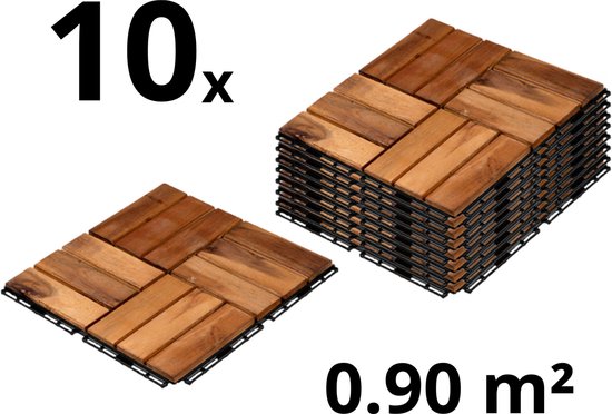 Terrastegels - Acaciahout - 10 Stuks - 0.90 m² - Bruin - 12 Latjes - Vlondertegels - Balkontegels - Makkelijke en Snelle Montage