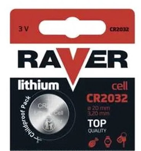 Raver lithium CR2032 batterij 3V, kindveilige verpakking.