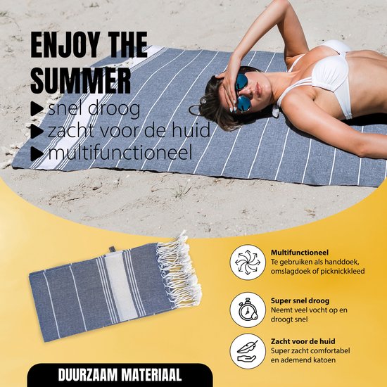 Eleganzzz Hamamdoek 90x180cm - Blue - Saunadoek - Strandhanddoek - Yogadoek - Spadoek - Omslagdoek - Strandlaken - Zacht - Lichtgewicht - Sneldrogend