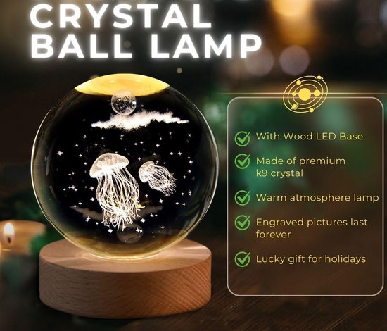 3D Kristallen Bal Jellyfish - Nachtlampje - LED Glas Licht Hologram lamp met Massief Houten Basis - Nachtlamp - Cadeau idee - Verlichting - USB aansluiting - Woondecoratie van Merkloos — afbeelding 5