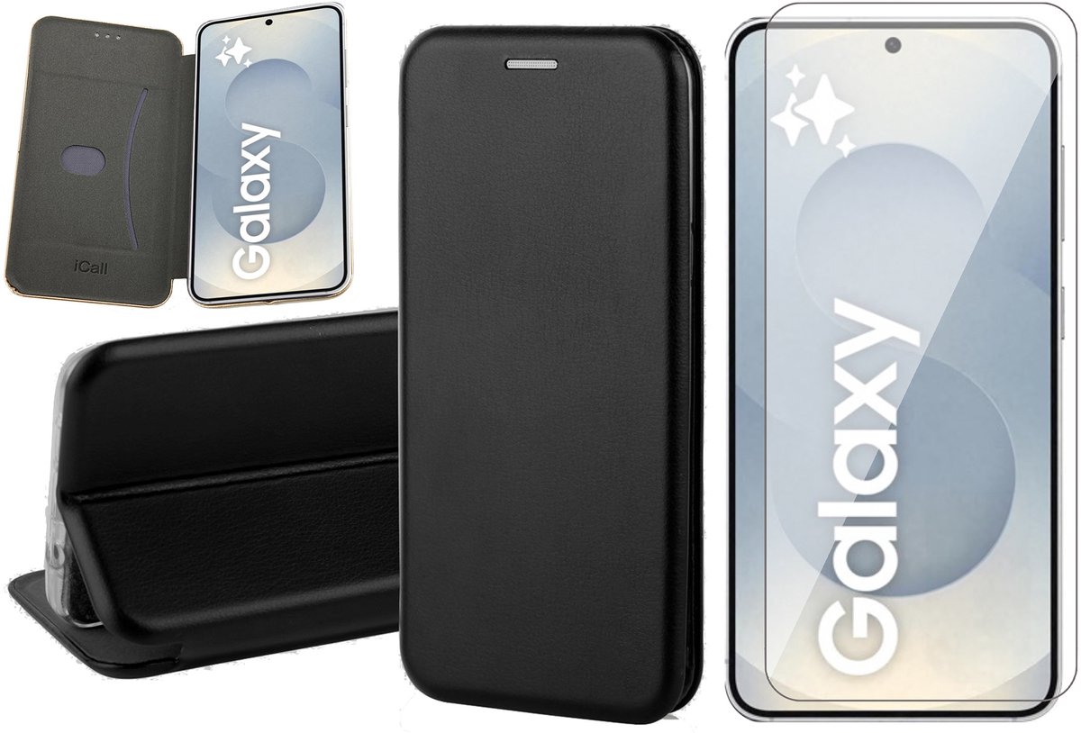 Hoesje geschikt voor Samsung Galaxy S25 - Screenprotector Glas - Wallet Book Case Zwart
