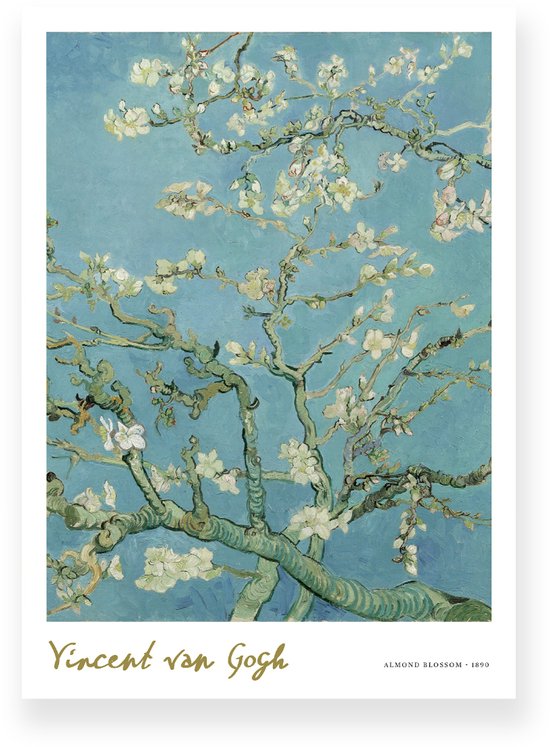 Poster 20x30 cm - Amandelbloesem - Vincent van Gogh - Bloesemtakken - Blauw - Wit - Postimpressionisme - Botanisch - Muurdecoratie - Wanddecoratie