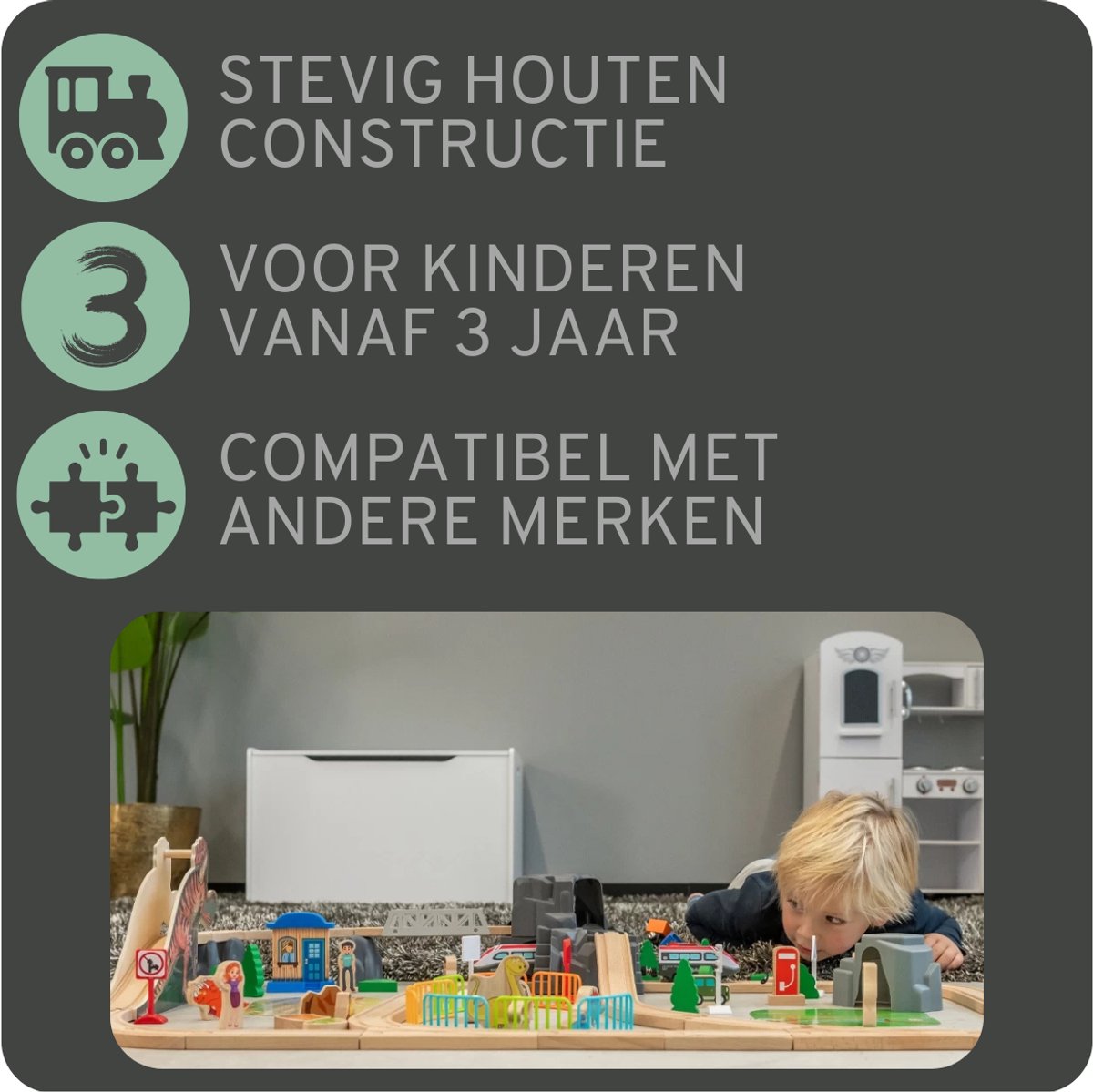 Bandits & Angels Houten Treinset Dinosaurus 90 delig vanaf 3 jaar voor Jongens en Meisjes - Trein Set van Hout voor Kinderen - Treinbaan met Accessoires - 90 delen — afbeelding 4