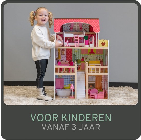 Bandits & Angels Houten Poppenhuis Roze House of Angels vanaf 3 jaar 90 cm hoog - Inclusief 16 meubeltjes - Met Geluid - Poppen Huis - Poppen Speelgoed