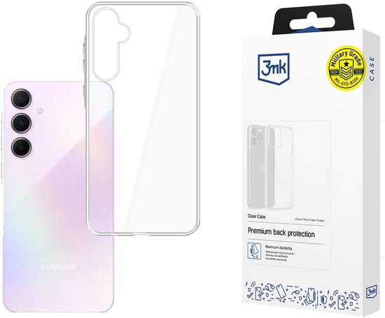 Transparante telefoonhoes, 'Clear Case', met de tekst 'Premium back protection' en 'Military Grade'.