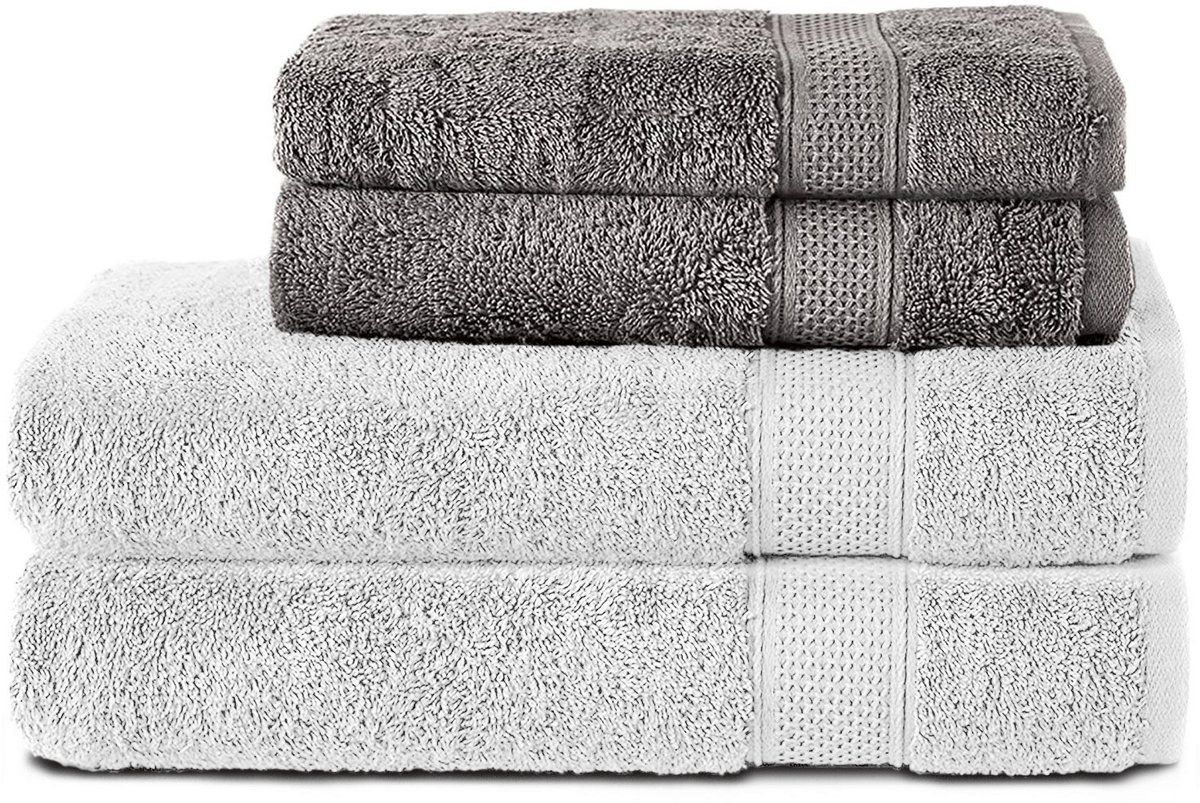 Komfortec Handdoekenset 2x handdoek 50x100 cm + 2x badhanddoek 70x140 cm - 100% Katoen - Antraciet&Wit