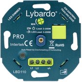 Close-up van Lybardo LED dimmer LBD110. Blauwgroene printplaat met tekst, gele behuizing en vier schroefklemmen.