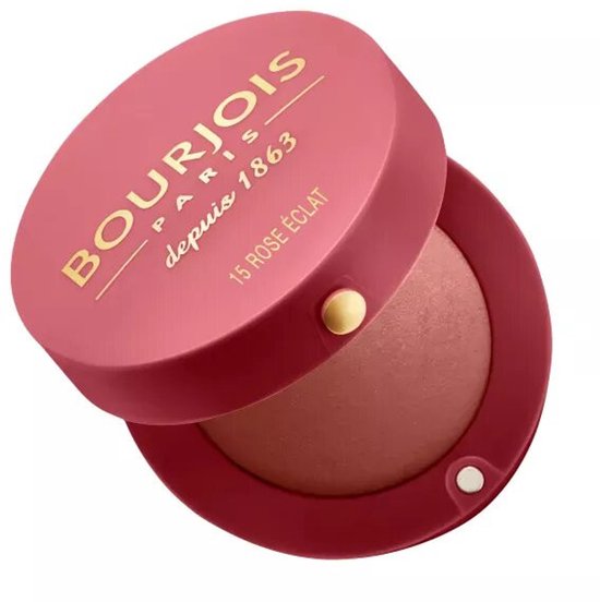 Roodroze poederblush in ronde verpakking met deksel. Tekst: BOURJOIS PARIS, depuis 1863, 15 ROSE ECLAT.