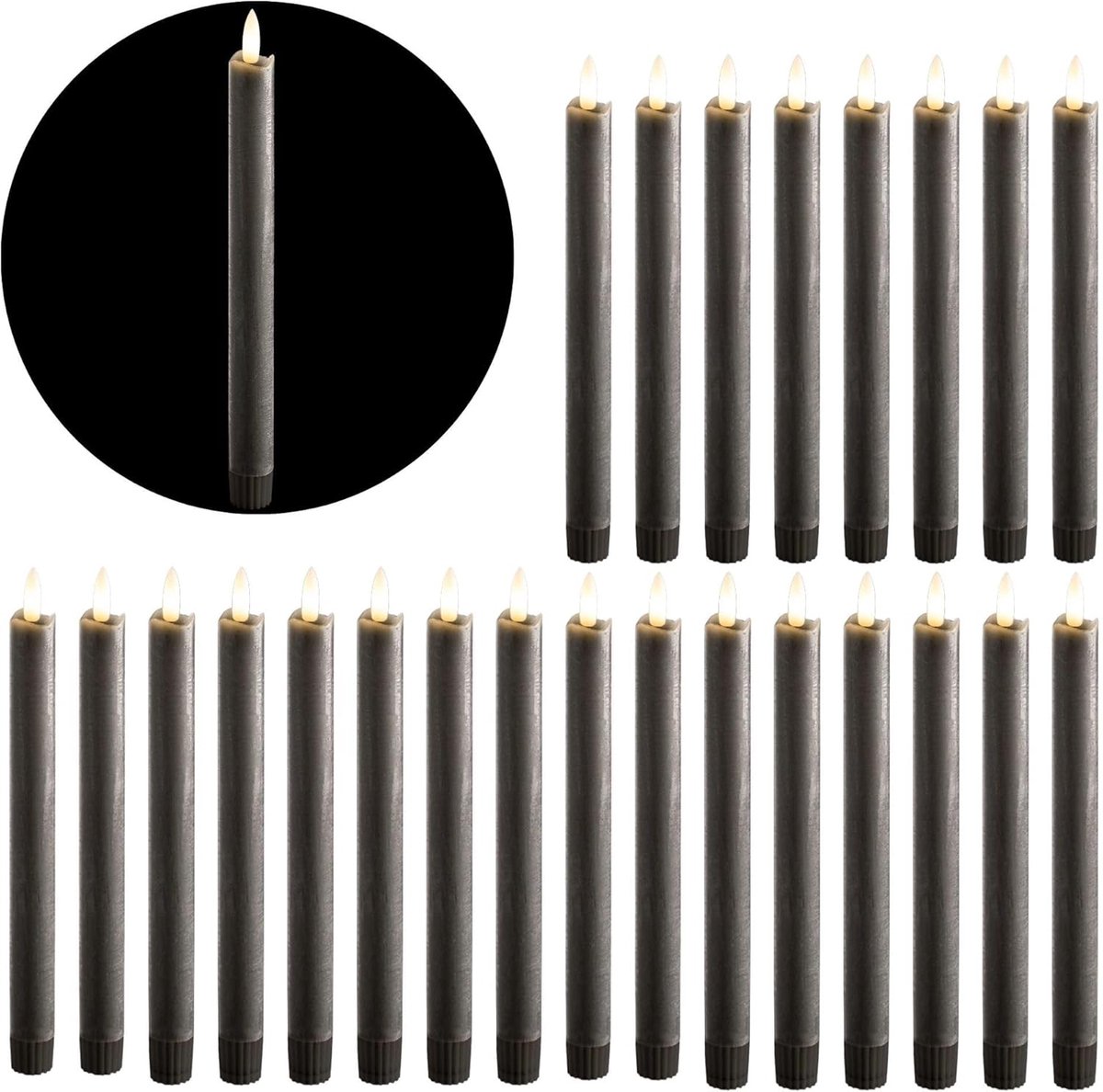LED-kaarsen met taps toelopende vorm, 24 stuks, echt wasgrijs - met timerfunctie, 6 uur - 23 cm hoog voor kaarsen, 2,2 cm diameter, 2 AAA-batterijen vereist. LED-kaarsen met taps toelopende vorm, set van 4, 6x grijs bewegend vlamlicht.