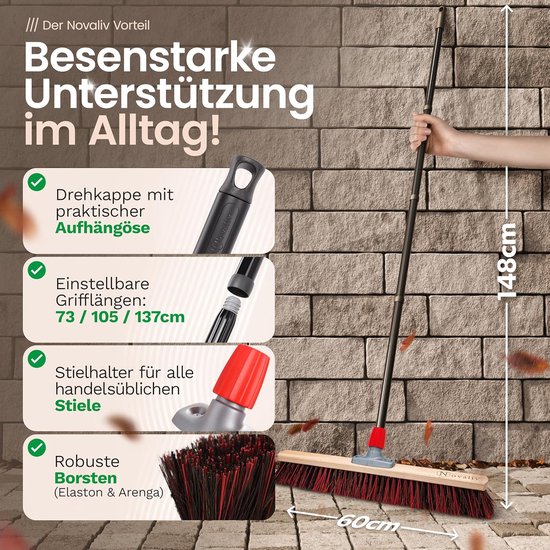Novaliv straatbezem met steel 60 cm Arenga-Elaston borstelharen inclusief verzinkte veegset bestaande uit stoffer en blik en handborstel Ideaal als tuinbezem, terrasbezem, tuinbezem, buitenbezem van Novaliv — afbeelding 5