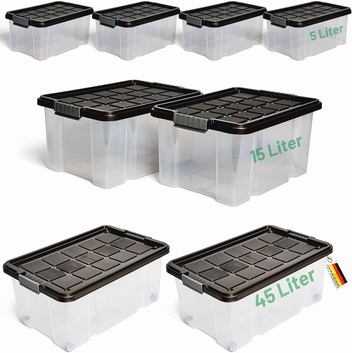 Novaliv 8-delige voordeelset opbergdozen met deksel, antraciet, 2x45 L + 2x15 L + 4x5 L, nestbaar, stapelbaar, clipsluiting, roldozen, BPA-vrij