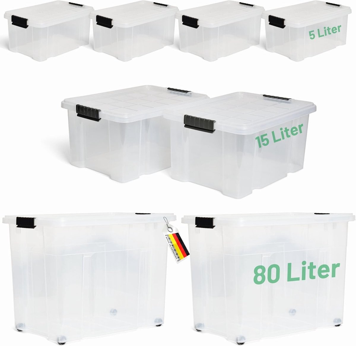 Novaliv 7-delige set opbergdozen met deksel, transparant, 2x80 L + 2x 15 L + 4x 5 L, nestbaar, stapelbaar, clipsluiting, roldozen, BPA-vrij
