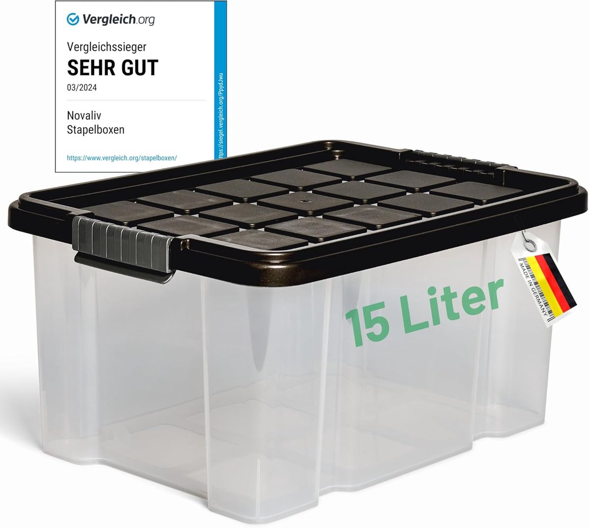 Novaliv opbergdoos met deksel 15L antraciet Nestbare stapelbare kunststof doos met clipsluiting Eurobox kunststof doos BPA-vrij 41 x 29 x 20 cm