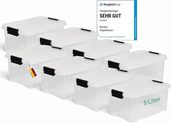 Novaliv 4 x opbergdozen met deksel, 10 l, transparante dozen, stapelbare nestbare opbergdozen met clipsluiting, kunststof, BPA-vrij, 37 x 26 x 14 cm